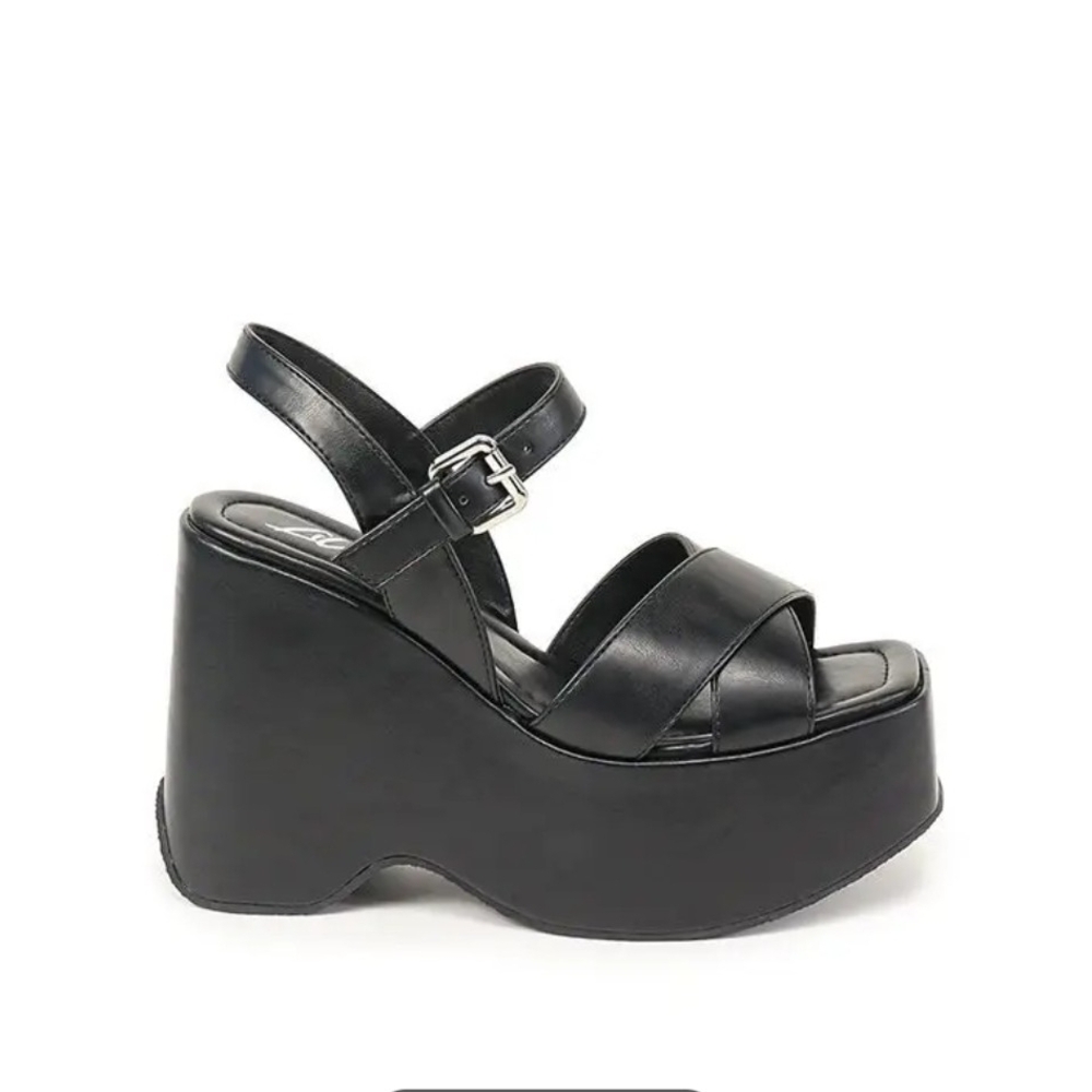 Black Platform Wedge Sandals With Ankle Buckle. Size 8.5